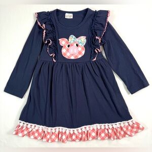 PIGGY FRIENDS Girls Pig Applique Ruffle Dress L 5/6‎ Gingham Farm Cowgirl 4-H
